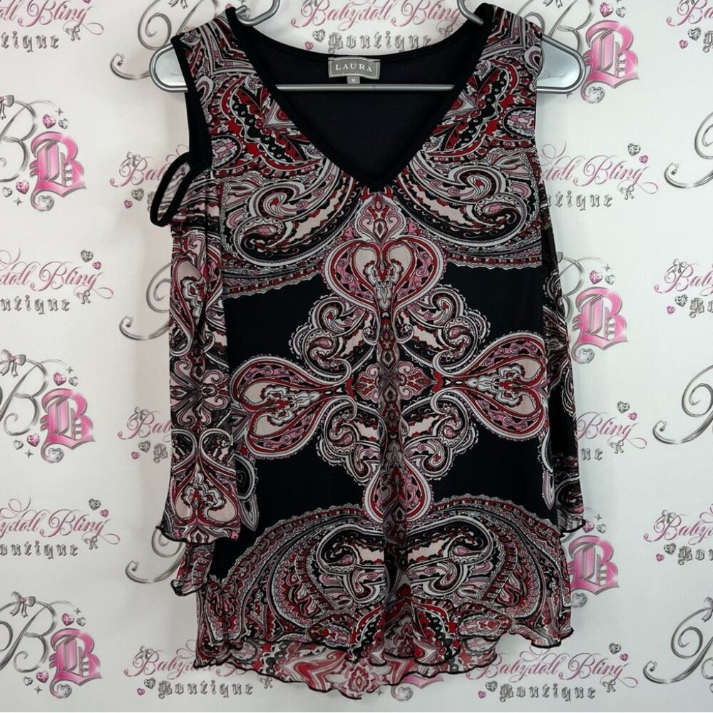 Laura top flare flowy sleeve detail paisley floral Black Pink Paisley Blouse
